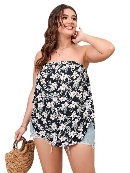 plus floral print curved hem tube u93o#, Black