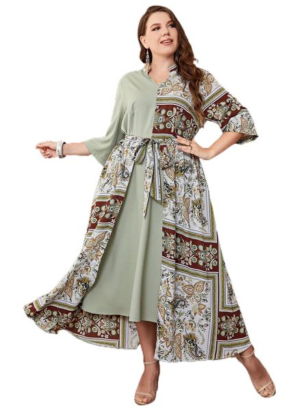 plus paisley print belted shirt dress g73m#, Black