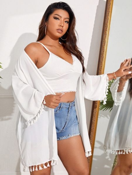 plus fringe trim drop shoulder kimono y0hw#, Black;gray
plus fringe trim drop shoulder kimono y0hw#, Black;gray