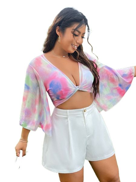 plus tie dye twist front trumpet sleeve mesh without bra 56lf#, Black 
plus tie dye twist front trumpet sleeve mesh without bra 56lf#, Black
