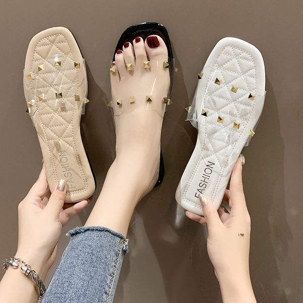 2022 summer new flat slippers flat sandals all-match rivets transparent beach shoes, Black
2022 summer new flat slippers flat sandals all-match rivets transparent beach shoes, Black