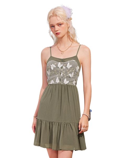 romwe fairy grunge butterfly embroidery ruffle hem cami dress 32sp#, Black;gray