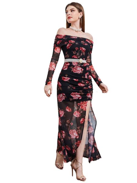 floral print off shoulder split thigh mesh dress without belt o3oe#, Black;gray