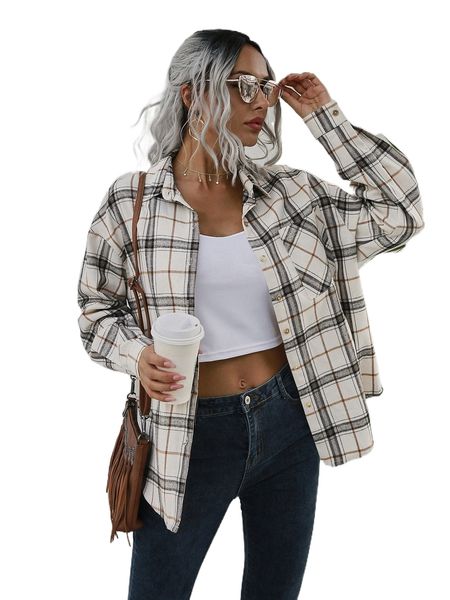 plaid patched pocket drop shoulder coat m1sf#, Black 
plaid patched pocket drop shoulder coat m1sf#, Black