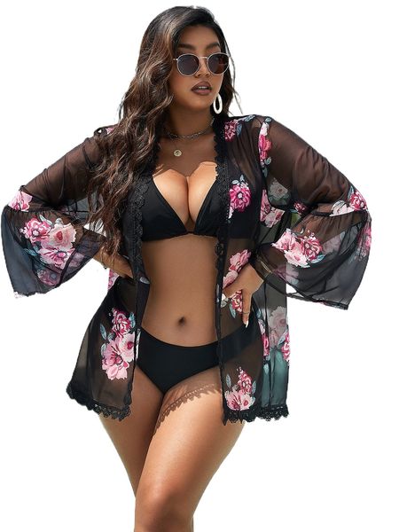 plus floral print contrast lace flounce sleeve sheer mesh kimono 57zj#, Black;gray
plus floral print contrast lace flounce sleeve sheer mesh kimono 57zj#, Black;gray