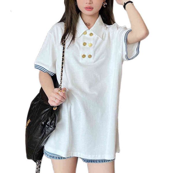 french style luxury designer polos women's vintage delicate gold double breasted polo shirt navy striped cuffs tees,quality, White;black
french style luxury designer polos women's vintage delicate gold double breasted polo shirt navy striped cuffs tees,quality, White;black