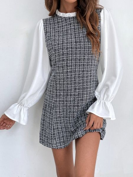 plaid flounce sleeve frill trim tweed 2 in 1 dress 41sg#, Black;gray 
plaid flounce sleeve frill trim tweed 2 in 1 dress 41sg#, Black;gray