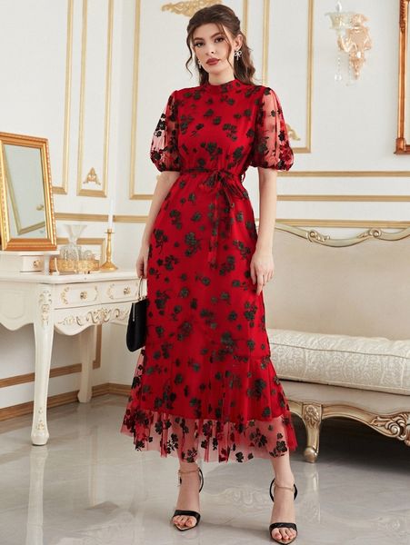 allover floral belted mesh a-line dress l5o6#, Black;gray 
allover floral belted mesh a-line dress l5o6#, Black;gray