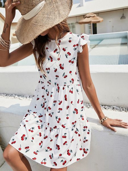 cherry print ruffle hem smock dress without belt g05t#, Black;gray 
cherry print ruffle hem smock dress without belt g05t#, Black;gray