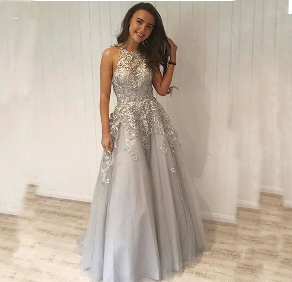 a line grey tulle prom dresses long formal prom party gowns with lace appliqued, Black
a line grey tulle prom dresses long formal prom party gowns with lace appliqued, Black