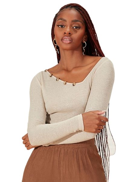 newness button detail asymmetrical neck tee f3i4#, White