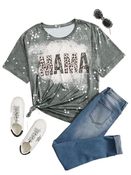 plus tie dye & letter graphic tee 68oy#, Black