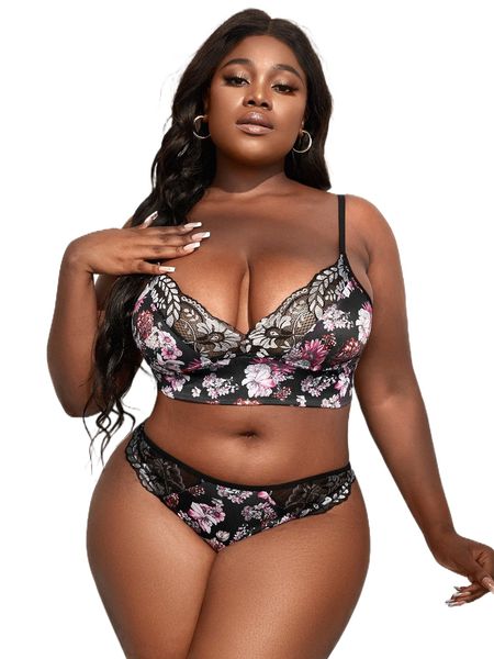 plus floral print lace panel lingerie set d9tk#, Black;white