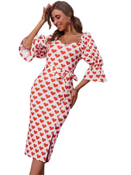allover heart print flounce sleeve split thigh belted dress o5vs#, Black;gray