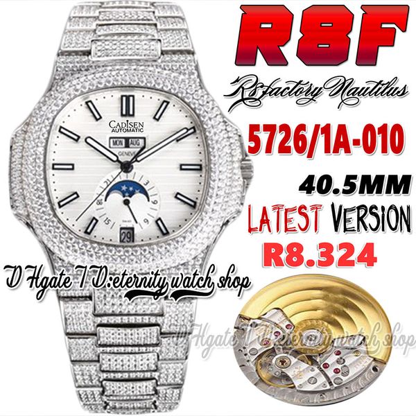 2022 r8f r8f5726 cal.a324 r8f324 automatic moon phase mens watch paved diamonds case white stick dial iced out with bling diamond bracelet j, Slivery;brown
2022 r8f r8f5726 cal.a324 r8f324 automatic moon phase mens watch paved diamonds case white stick dial iced out with bling diamond bracelet j, Slivery;brown