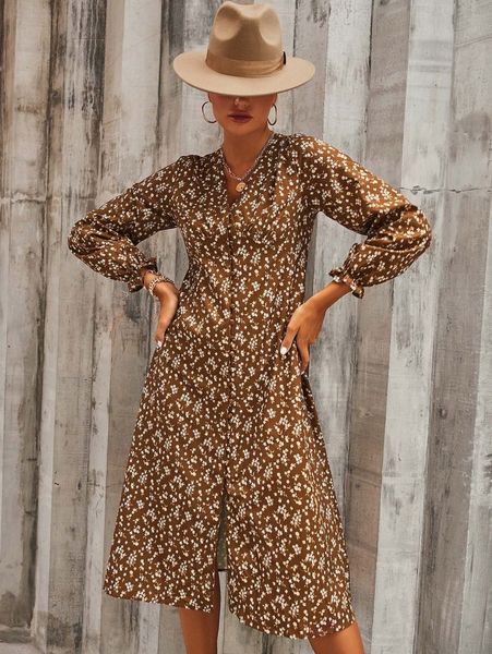 ditsy floral button front dress r4be#, Black;gray
