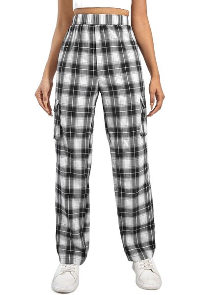 plaid flap pocket side straight leg pants t5bk#, Black;white