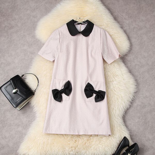 european and american women's summer 2022 new short sleeve baby collar bow pocket fashionable loose dress, Black;gray
european and american women's summer 2022 new short sleeve baby collar bow pocket fashionable loose dress, Black;gray