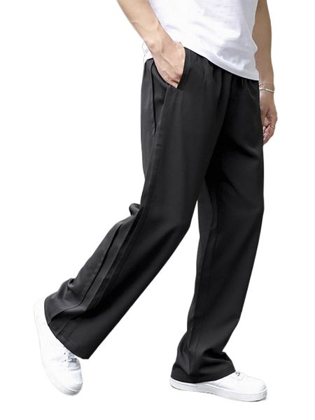 men slant pockets drawstring waist pants 52e0#, Black