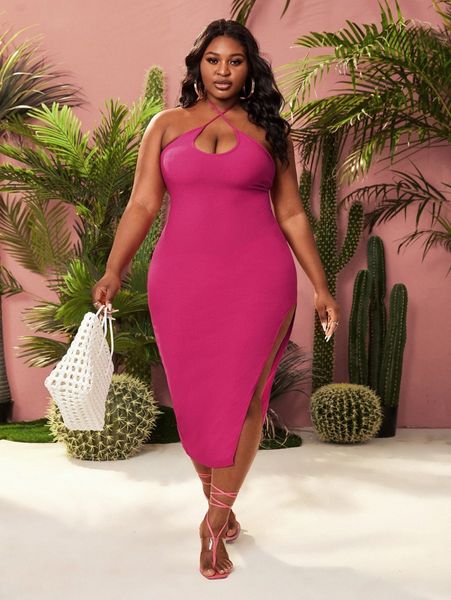 sxy plus halter neck split thigh bodycon dress r7d8#, Black