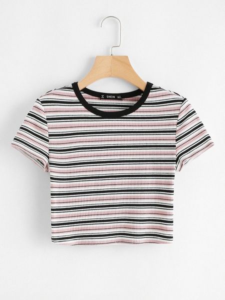 striped ribbed cropped tee s66c#, White