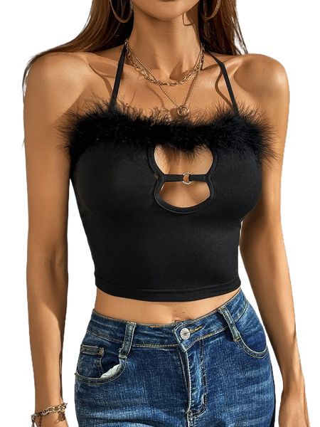 cut out fuzzy trim halter e5bq#, White