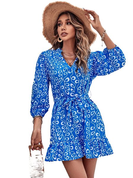 allover print bishop sleeve ruffle hem belted dress b4y1#, Black;gray