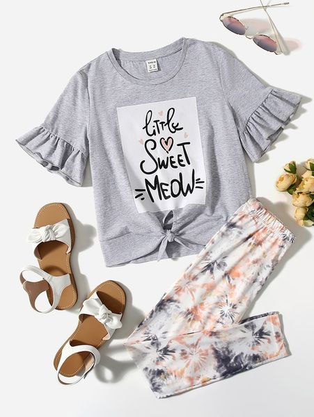 sheen girls' alphabet design lotus leaf sleeve hem knotted t-shirt and tie dyed leggings she, White
sheen girls' alphabet design lotus leaf sleeve hem knotted t-shirt and tie dyed leggings she, White