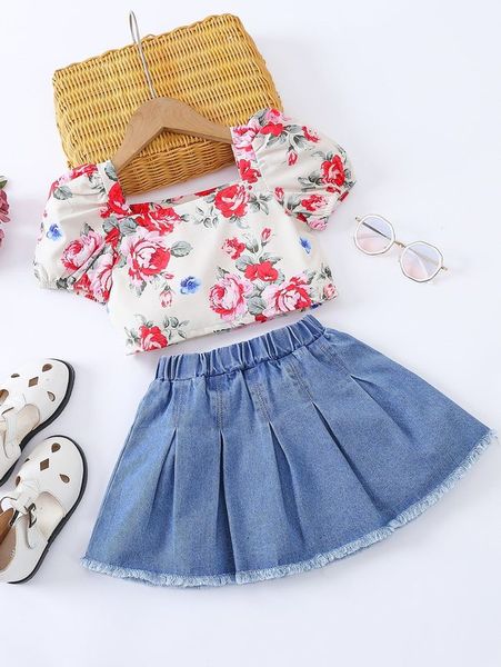 toddler girls floral print puff sleeve blouse & raw hem denim skirt she, White 
toddler girls floral print puff sleeve blouse & raw hem denim skirt she, White