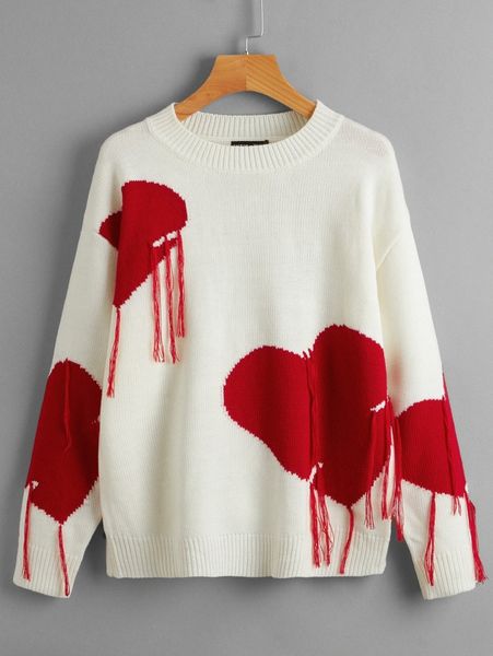 heart pattern drop shoulder fringe trim sweater 04sz#, White;black 
heart pattern drop shoulder fringe trim sweater 04sz#, White;black