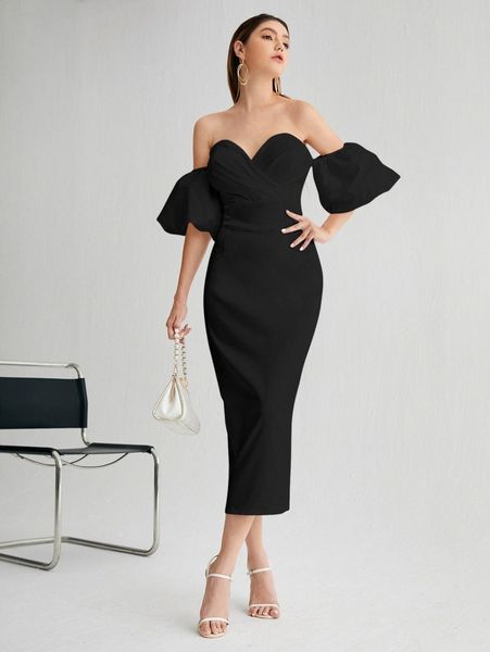 off shoulder surplice front dress j7hm#, Black;gray