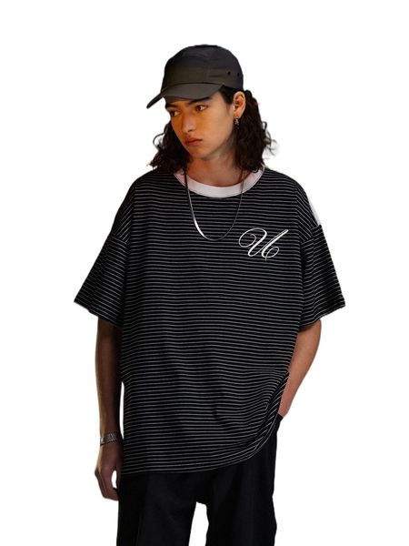 men drop shoulder letter graphic striped tee c10x#, White;black 
men drop shoulder letter graphic striped tee c10x#, White;black