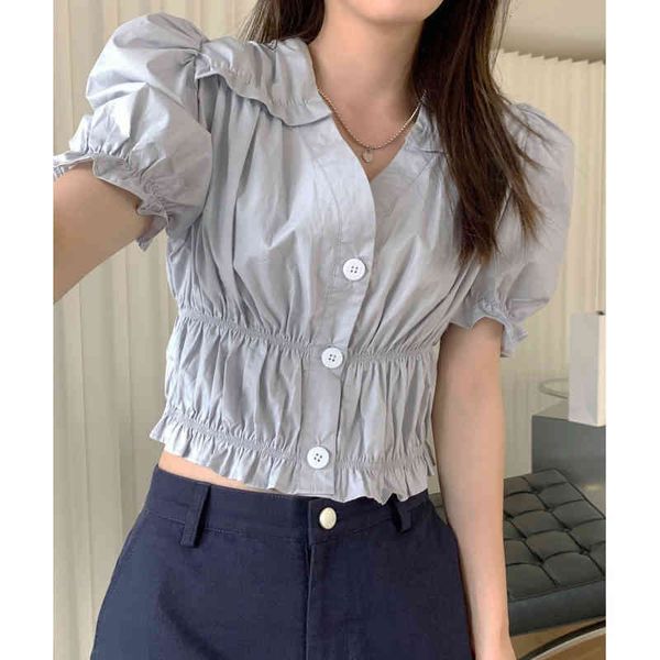 women's t-shirt korean d elastic short sleeve bubble button up shirt summer solid color versatile t hvzs, White
women's t-shirt korean d elastic short sleeve bubble button up shirt summer solid color versatile t hvzs, White