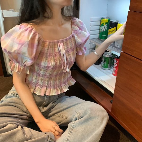 colorful vintage plaid elastic pleated short design puff sleeve slash neck simple summer women blouses 210426, White
colorful vintage plaid elastic pleated short design puff sleeve slash neck simple summer women blouses 210426, White