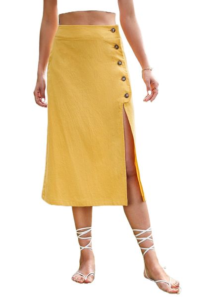 high waist button side slit skirt 78vx#, Black