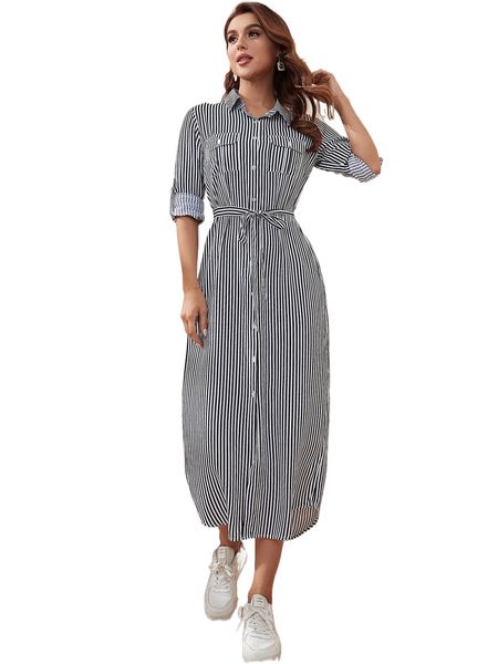 striped roll tab sleeve belted shirt dress j5if#, Black;gray 
striped roll tab sleeve belted shirt dress j5if#, Black;gray