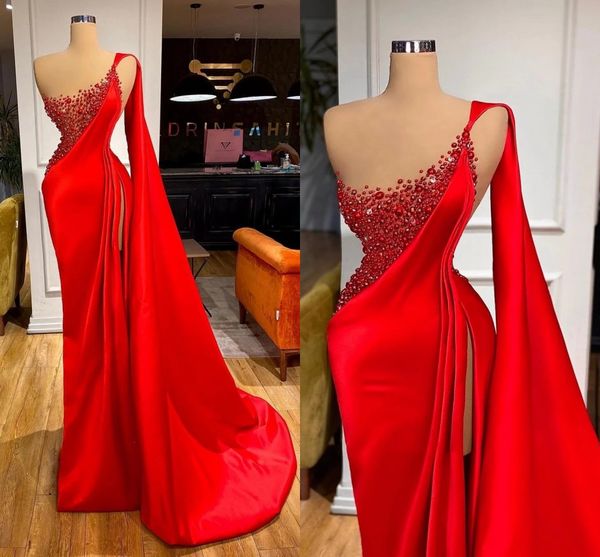 2022 elegant one shoulder red prom dresses pearls beaded side split long evening gowns plus size mermaid pageant dress c0609g02, Black
2022 elegant one shoulder red prom dresses pearls beaded side split long evening gowns plus size mermaid pageant dress c0609g02, Black