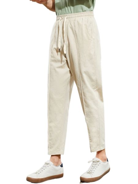 men press crease drawstring waist pants v2ki#, Black
