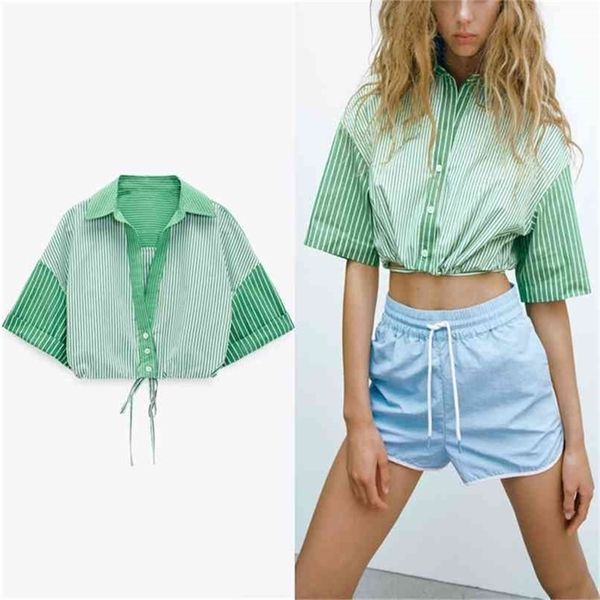 green striped shirt women vintage short sleeve cropped shirts adjustable tie elastic hem female patchwork blouse 210524, White
green striped shirt women vintage short sleeve cropped shirts adjustable tie elastic hem female patchwork blouse 210524, White