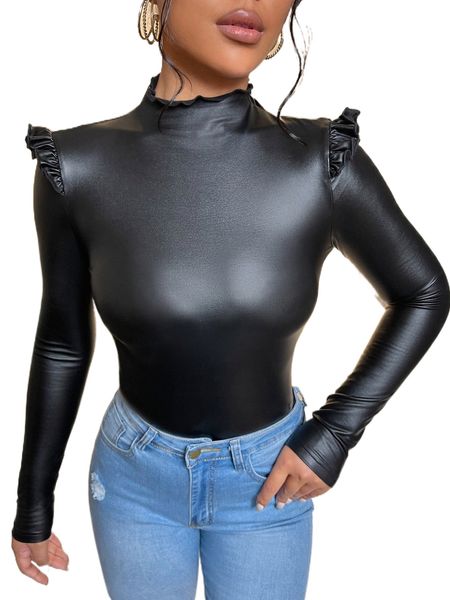 bae mock neck ruffle trim pu leather tee f47d#, White