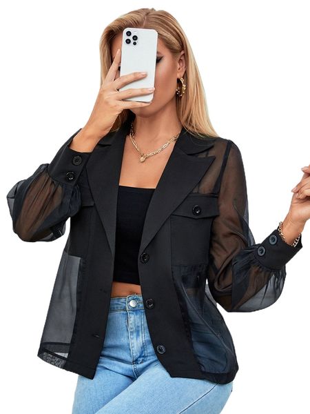 flap pocket bishop sleeve lapel neck contrast mesh blouse without camisole 88co#, White
flap pocket bishop sleeve lapel neck contrast mesh blouse without camisole 88co#, White