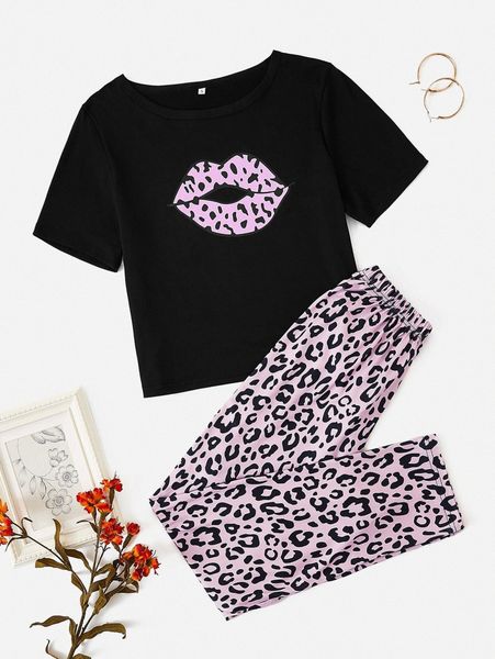 leopard & lip print pajama set x5c0#, Black;red
leopard & lip print pajama set x5c0#, Black;red