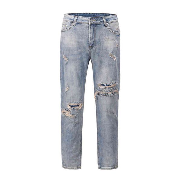 high street fashion brand slim cut hole cat beard used jeans, Blue
high street fashion brand slim cut hole cat beard used jeans, Blue