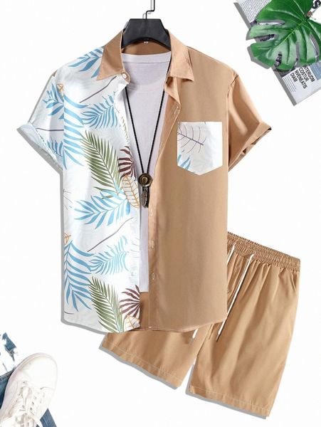 men tropical print shirt & drawstring waist shorts without tee c04t#, Gray