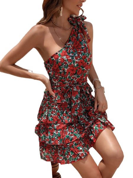 allover floral print tie one shoulder layered hem belted dress 69x4#, Black;gray
allover floral print tie one shoulder layered hem belted dress 69x4#, Black;gray