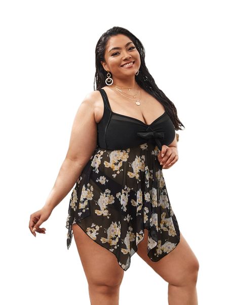plus floral print tie front bikini swimsuit r42k#, White;black
plus floral print tie front bikini swimsuit r42k#, White;black