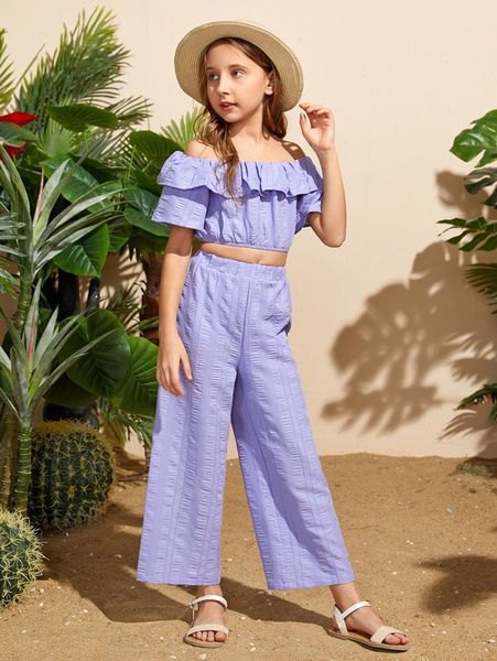 girls off shoulder ruffle detail textured crop & wide leg pants set she, White
girls off shoulder ruffle detail textured crop & wide leg pants set she, White