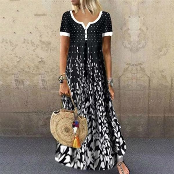 women elegant long dress single breasted v neck boho print party dresses ladies vintage button casual maxi dress 210319, Black;gray 
women elegant long dress single breasted v neck boho print party dresses ladies vintage button casual maxi dress 210319, Black;gray