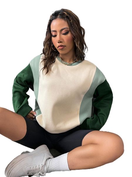 cut and sew drop shoulder sweatshirt v7j2#, Black