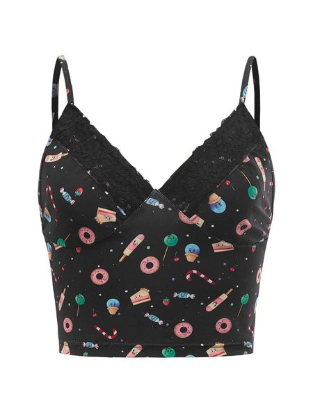 x timanima cartoon graphic lace trim cami r0ak#, White 
x timanima cartoon graphic lace trim cami r0ak#, White